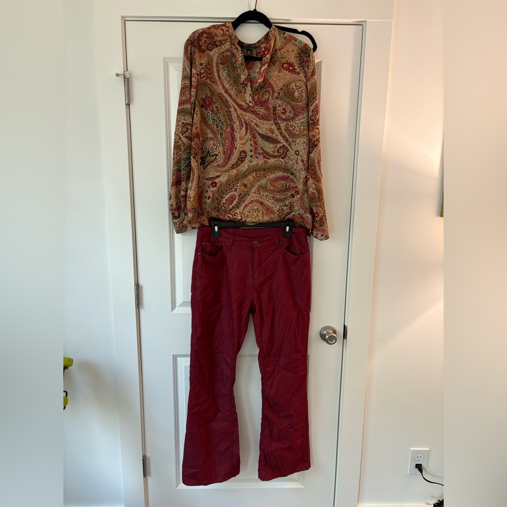 Lauren Ralph Lauren Blouse (L) & Anthony Studio Red Denim Flare Pants(12) Bundle